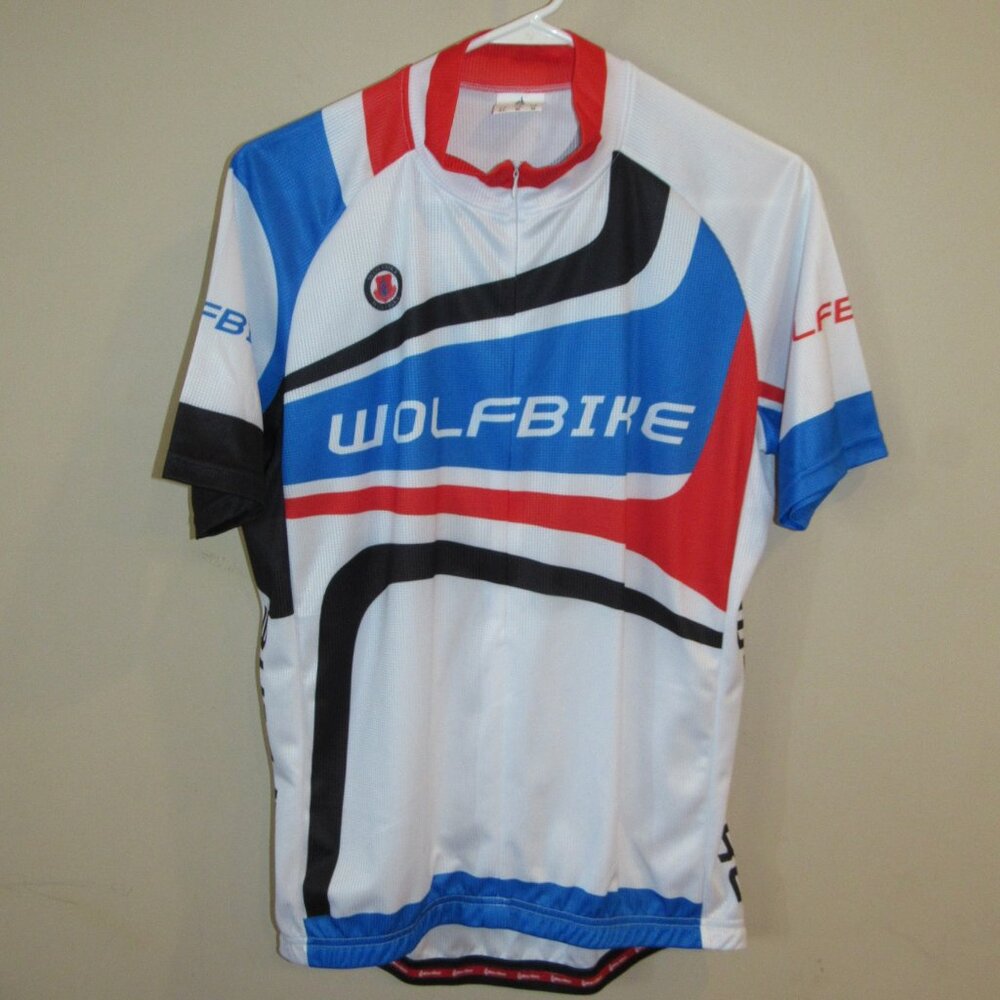 Wolfbike Cycling Jersey White Red And Blue Men’s Size Medium Half Zip Pockets
